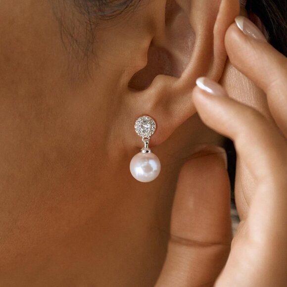 Pearl Drop Earrings Imitation Diamond Dangle Bridal Bridesmaid Jewelry - Picture 3 of 8